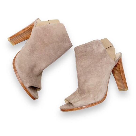 Stuart Weitzman Taupe Suede Peep Toe Stacked Cone Heel Booties Women’s Size 9.5M - Picture 4 of 10